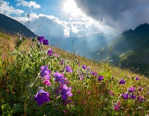 Obraz premium Purple Wildflowers and Mountain Landscape