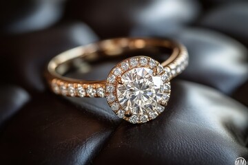 Elegant diamond engagement ring gold band pave diamonds large center stone macro photography