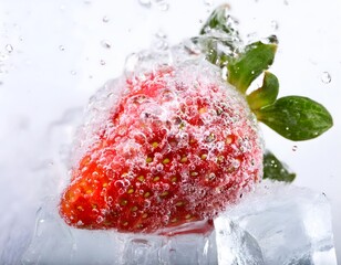 Strawberry in Water with Ice Cubes