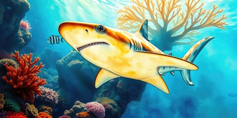 Naklejka premium A delightful shark swims gracefully through a lively coral reef, surrounded by a variety of colorful fish and marine life