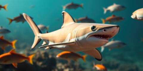 Naklejka premium In a lively underwater ecosystem, a charming baby shark glides gracefully amidst schools of colorful fish, showcasing the beauty of marine life