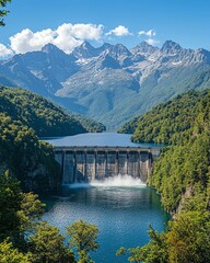 A captivating scene of a hydroelectric dam with water flowing, nestled between lush forests and majestic mountains, under a clear and sunny blue sky