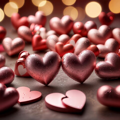 Obraz premium The image features a collection of red and pink heart-shaped objects scattered on a dark surface. The hearts vary in size and are surrounded by warm, blurred lights, creating a romantic and affectiona