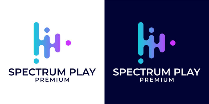 Audio play logo design vector. Play icon with audio spectrum wave logo template. Play audio equalizer logo. Logo design of audio, video, play, spectrum, wave in colorful modern style.