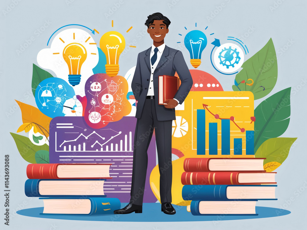 Poster a professional man dressed in a suit holds a book while surrounded by stacks of books and colorful g