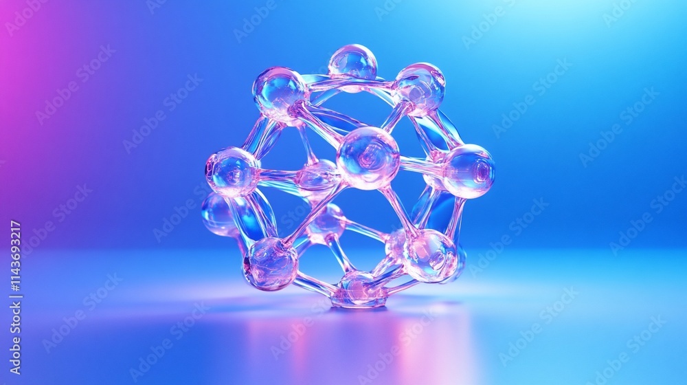 Poster a 3d molecular structure with glowing spheres on a gradient background.