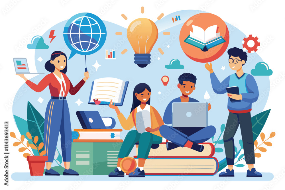 Poster a group of students explores various concepts online, sharing knowledge and ideas together students 
