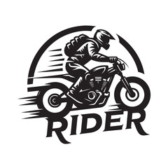 A black and white logo for a rider on a motorcycle