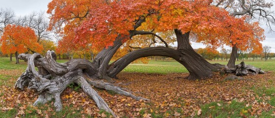 Majestic autumn tree with arching branches and exposed roots