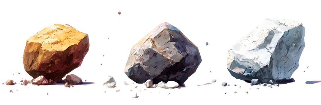 Collection of Rocks Isolated on White Background;  Three Dimensional Stone Textures,  Game Asset Pack