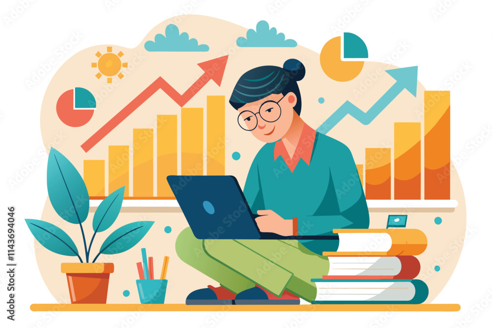 Poster a person is studying growth charts and analyzing data using a laptop surrounded by books and station