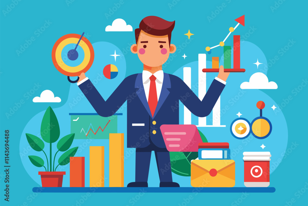 Poster a confident leader holds charts and graphs while analyzing performance metrics in a vibrant office s