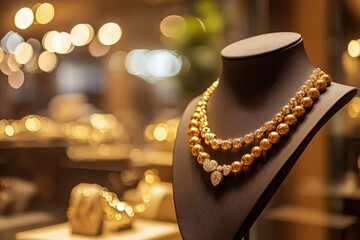 Gold jewelry display, elegant necklaces, luxurious beaded chains, high-end boutique