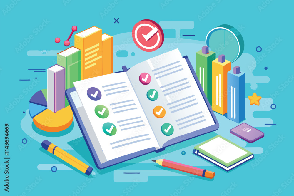 Poster a survey book is open, showcasing quality tests and colorful graphs related to data analysis survey 