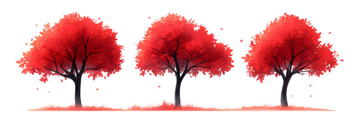 Red Autumn Trees Isolated on White Background Collection