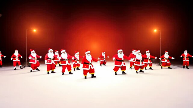 Many Santa Clauses (Sanat Klaus) dancing an energetic dance on a red and white background, New Year, Christmas concept