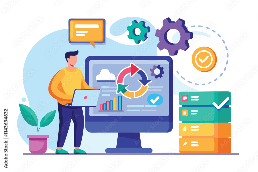 Poster a user syncs and installs software on a laptop while analyzing data with colorful graphs and icons s