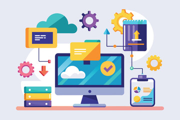 A digital workspace features a computer displaying sync and install software, surrounded by tools and graphics Sync and install software with a flat illustration.