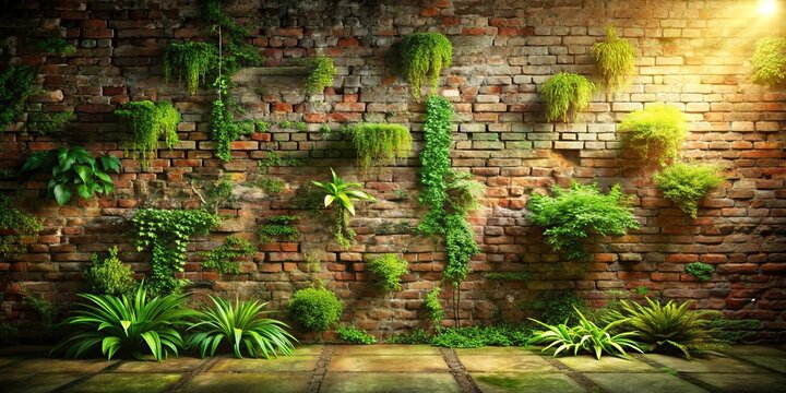 Lush Greenery Cascading Down a Rustic Brick Wall in Sunlight