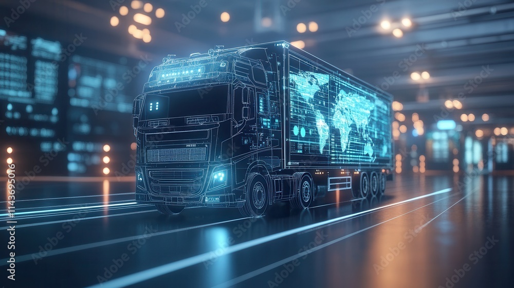 Poster a futuristic truck with a glowing digital design, set in a high-tech environment, representing advan