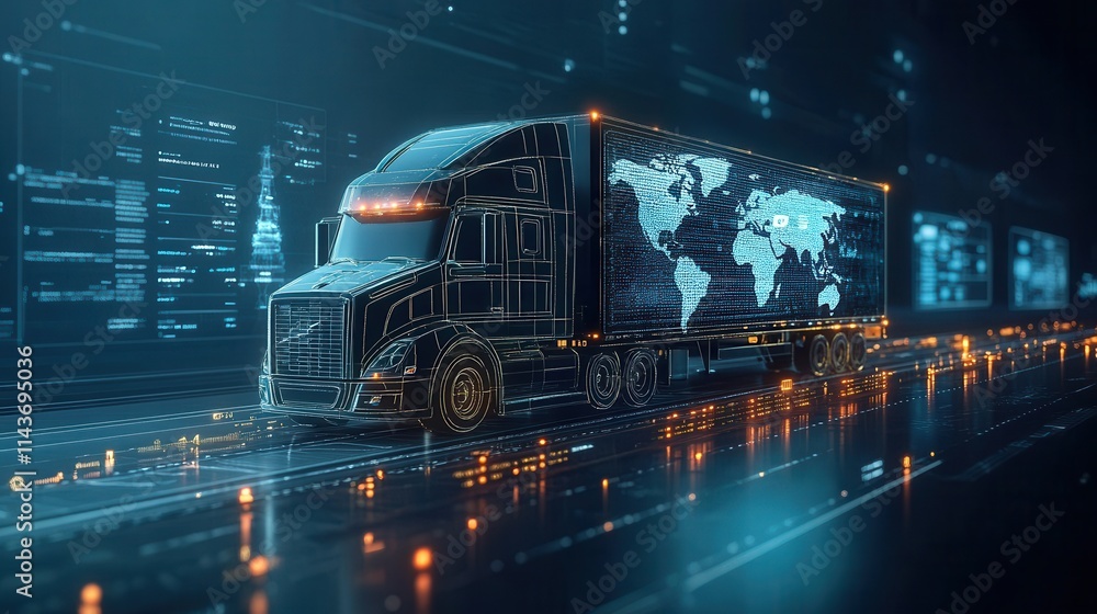 Poster a futuristic digital truck with a world map design, surrounded by glowing technology elements and a 