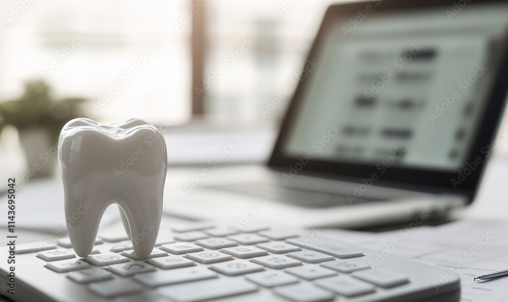 Poster a dental model tooth placed on a computer keyboard in an office setting.