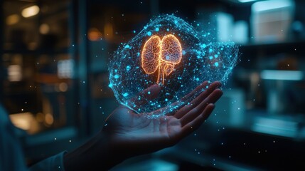 Obraz premium Futuristic Visualization of Human Lungs in a Creative Holographic Display Captured in a Modern Laboratory Setting with Colorful Digital Effects