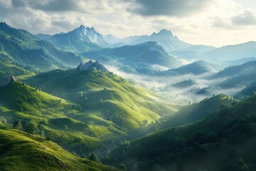Naklejka premium Idyllic mountain landscape, rolling green hills, morning mist, golden sunlight, distant blue