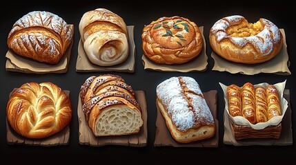 Fototapeta premium Cafe Pastries Icon Sheet - Delightful Game Asset with Clay-Rendered Pastries, Oily and Shiny Textures, Bevelled Smooth Rendering in Hearthstone-Inspired Style