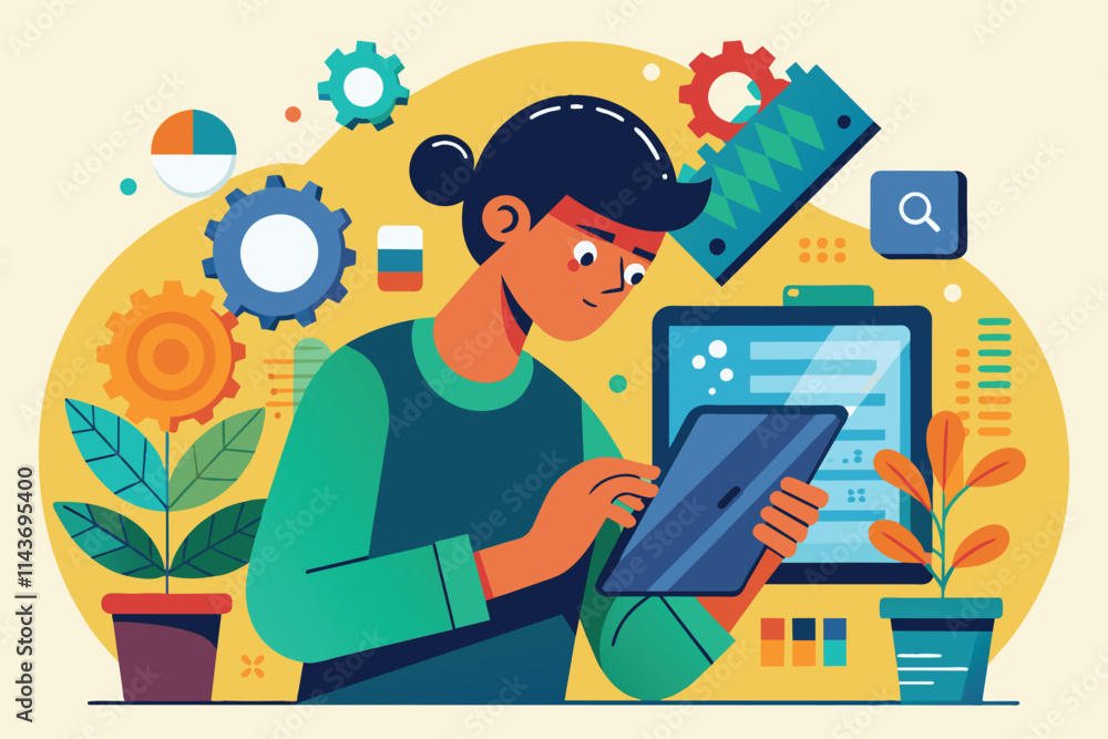 Poster a user interacts with a tablet while troubleshooting maintenance issues in a colorful workspace tabl