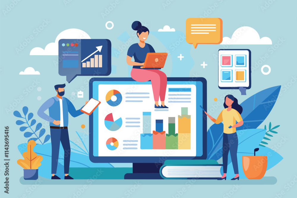 Poster a team engages in a virtual business training session with charts and graphs displayed on a large ta