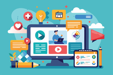 A tablet showcases essential content marketing strategies aimed at enhancing online presence and engagement Tablet screen with a video about content marketing strategy, illustrated in a flat style.