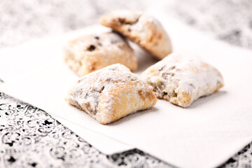 Stollen Bites on bright background. Soft focus. Close up.