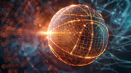 Complex network of interconnected glowing lines and particles forming a futuristic basketball, symbolizing the fusion of sports and technology - Powered by Adobe