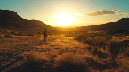 Fototapeta premium A solitary figure stands in a vast landscape at sunset, casting a long shadow on the ground.