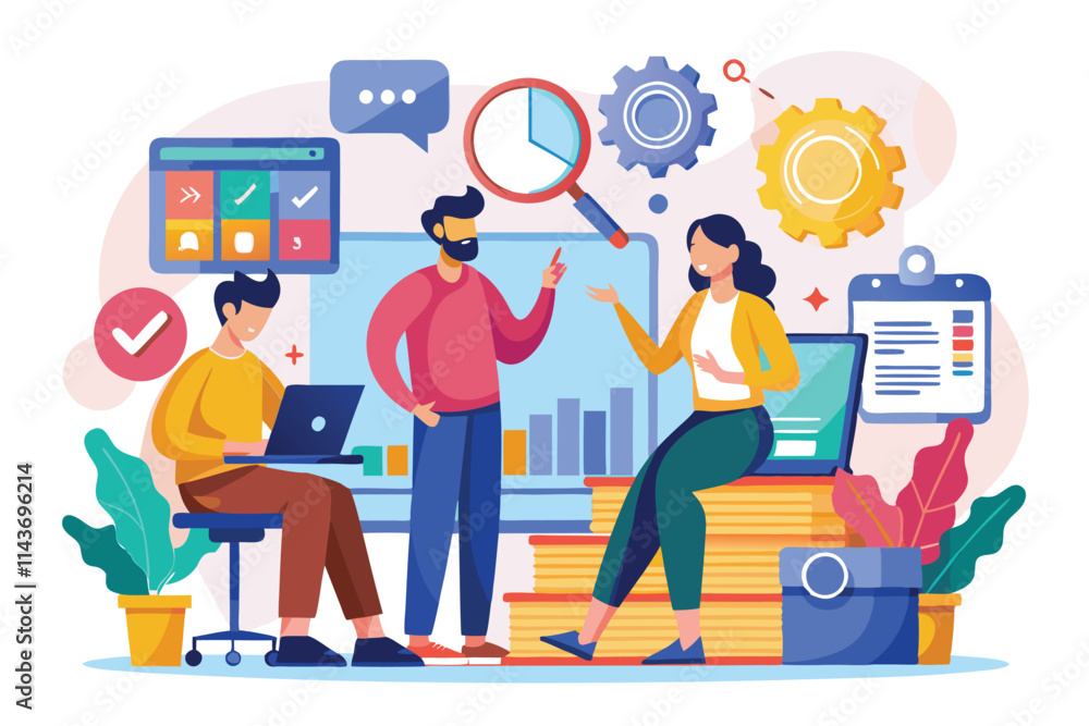 Poster a group collaborates around digital tools to analyze company data and devise solutions for improveme