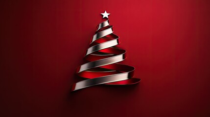 A sleek metallic ribbon Christmas tree design, its curves reflecting light, set against a deep red backdrop.