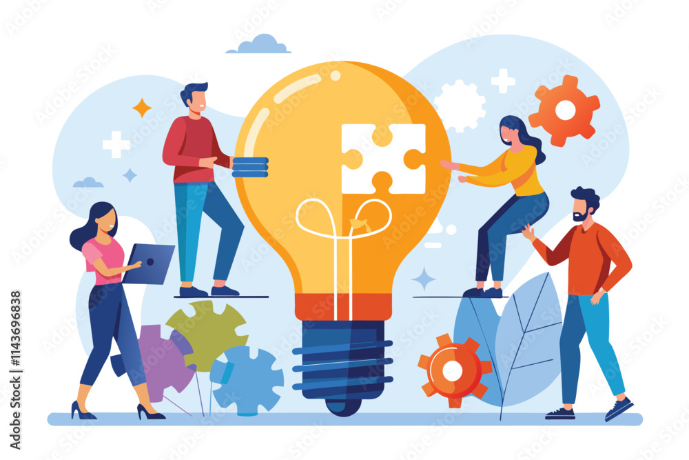 Poster a diverse team collaboratively assembles a puzzle piece into a light bulb, symbolizing innovative so