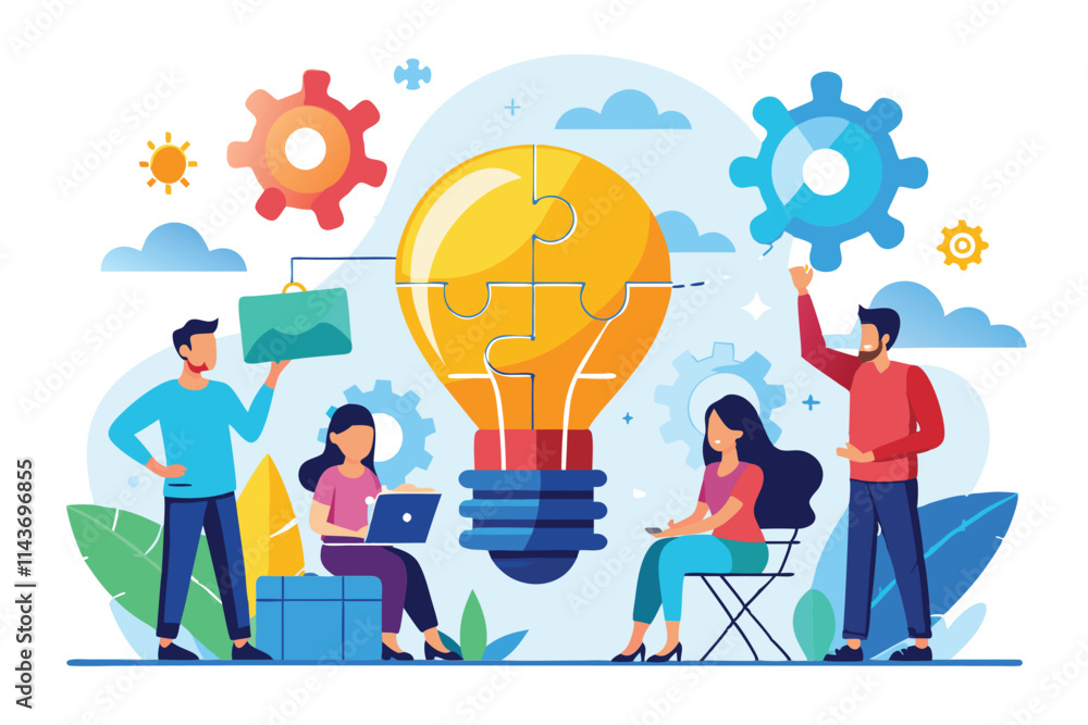Aufkleber A group collaborates to connect pieces of a light bulb puzzle, promoting innovative ideas and teamwork Teamwork connecting light bulb puzzle for solving business problems.