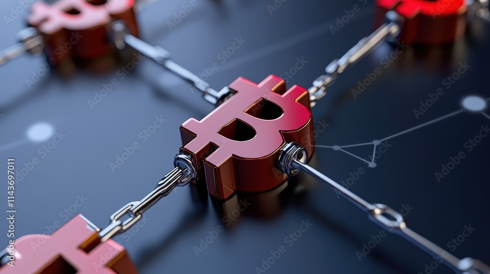 Poster analyzing blockchain technology bitcoin networks in digital finance global economy visual representa
