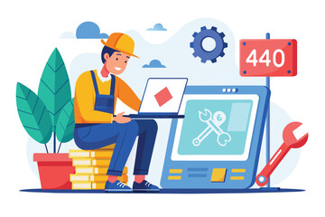A technician is working on fixing a no connection error while using a laptop at a workstation Technician fixing 404 error, no connection, flat Illustration