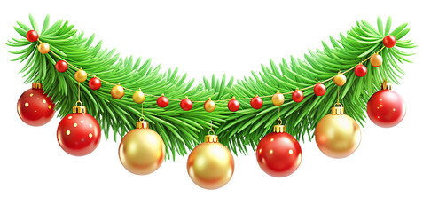 Christmas  garlands   pine tree branches with glowing sparkling with gold and red glitter ornaments. 
 decoration.  3d  cartoon style illustration 