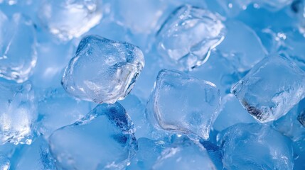 Refreshing ice cubes close-up food photography bright blue background macro view cool concept