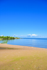 Summer view over the sandy beach to Lake Peipus (Peipsi-Pihkva järv) under a blue sky in summer near Kallaste, Tartu, Estonia