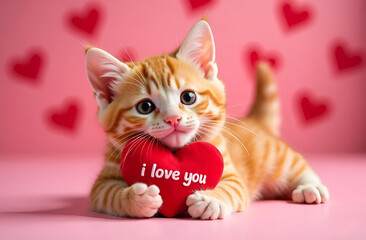 cute ginger kitten on isolated pink background holding heart with letters i love you valentine day concept