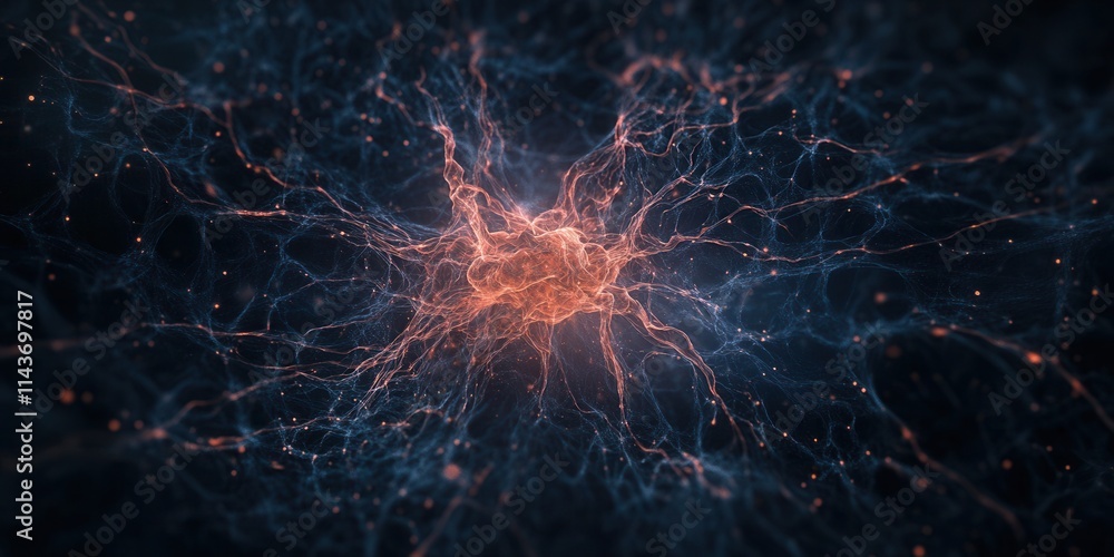 Poster A vibrant cosmic network of interconnected lines and nodes, resembling a nebula or neural pathways, set against a dark background.