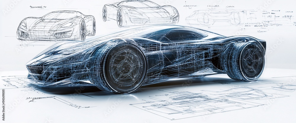 Poster a futuristic car design blueprint with a transparent 3d model and sketches in the background.