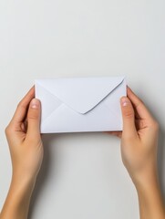 Sending a letter hands holding a white envelope indoor setting close-up view communication concept