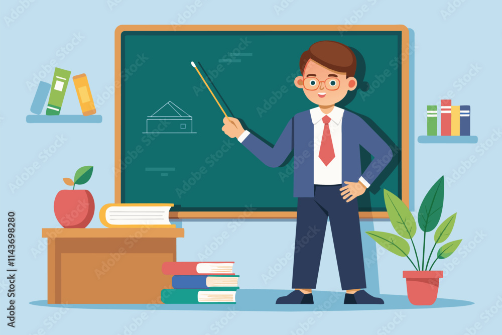 Poster a teacher stands confidently beside a blackboard, using a pointer to illustrate a drawing while stud