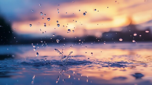 Water Drops Splashing at Sunset. Concept of Nature, Tranquility, and Serenity.